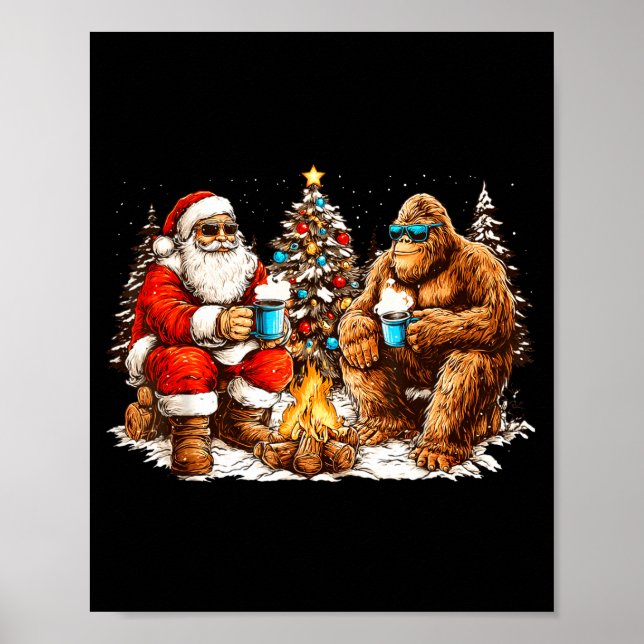 Santa With Bigfoot Christmas Campfire Funny Sasqua Poster (Vorne)