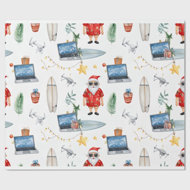 Santa with computer and Surfboard on Christmas  Geschenkpapier (Flach)