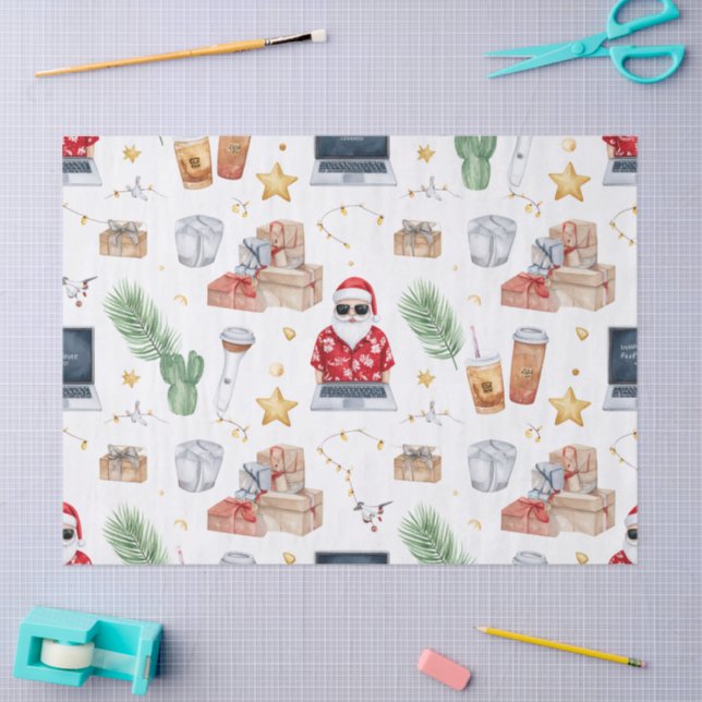 Santa with computer and Surfboard on Christmas  Seidenpapier (Basteln)