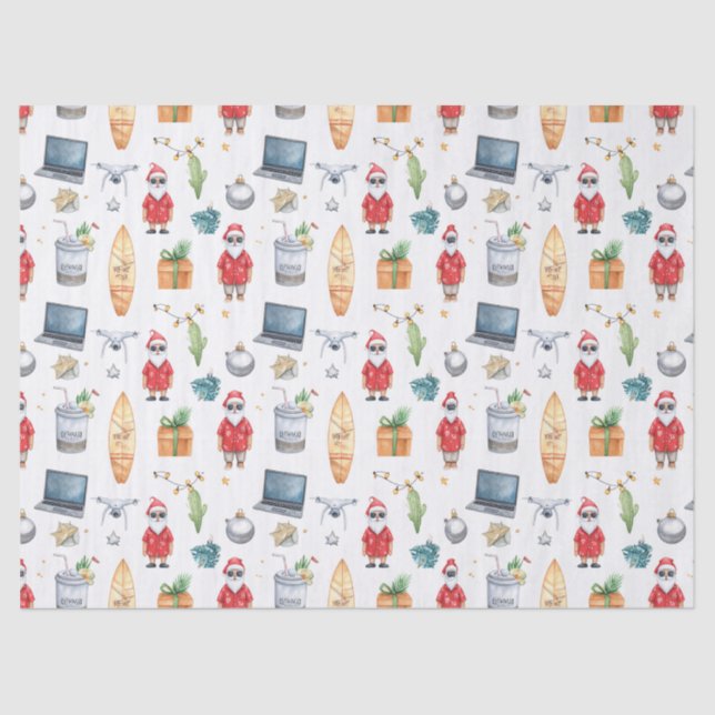 Santa with computer and Surfboard on Christmas  Seidenpapier (Vorderseite)