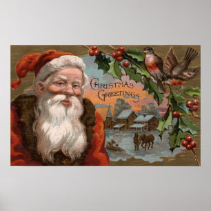 Santa with Holly, Village Scene Poster