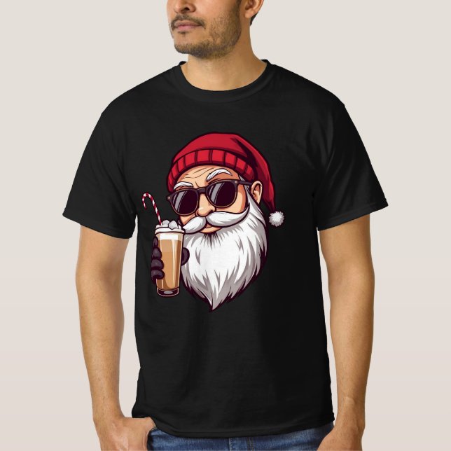 Santa with Iced Coffee – Modern Cool Christmas San T-Shirt (Vorderseite)