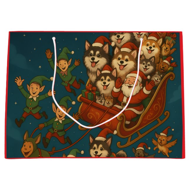 Santa with joyous pups and elves! große geschenktüte (Vorderseite)