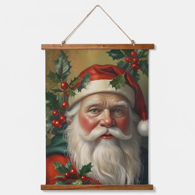 Santa With Mistletoe Wandteppich Mit Holzrahmen (Vorderseite)