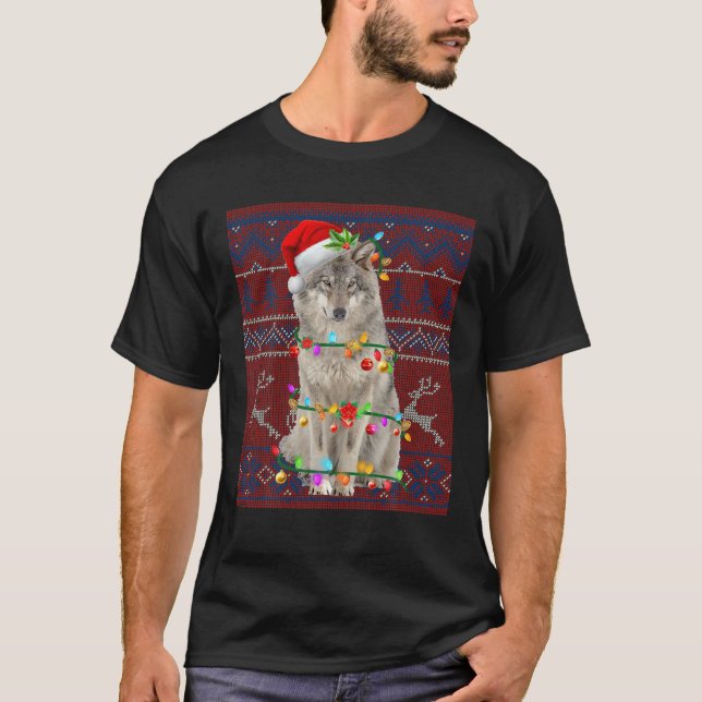 Santa Wolf Weihnachtsbaum Light Pajama X-Mas Match T-Shirt (Vorderseite)