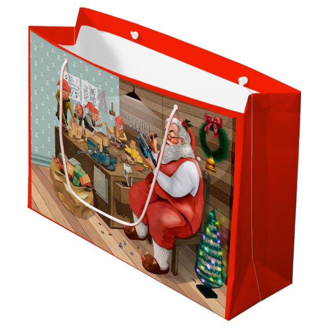 Santa-Workshop Große Geschenktüte (Vorderseite Schrägansicht)