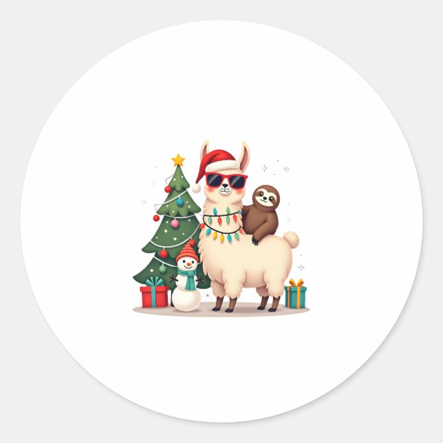 Santa Xmas Funny Llama Sloth Christmas (2) Runder Aufkleber (Vorderseite)