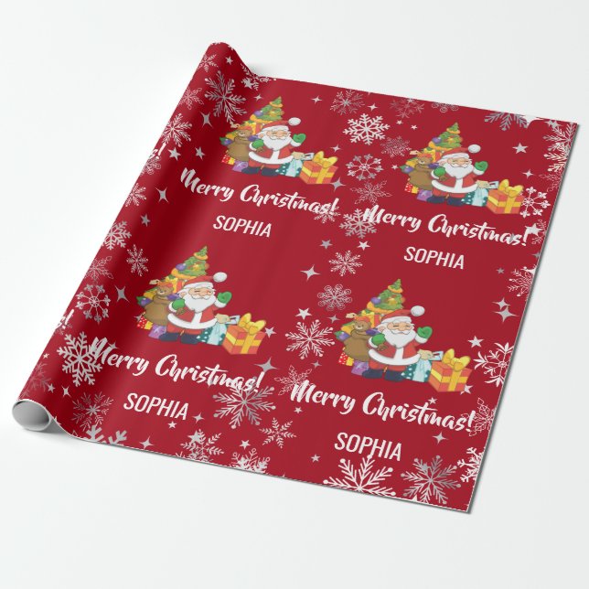 Santa Xmas Tree Gifts Snowflakes Personalize Name Geschenkpapier (Ungerollt)