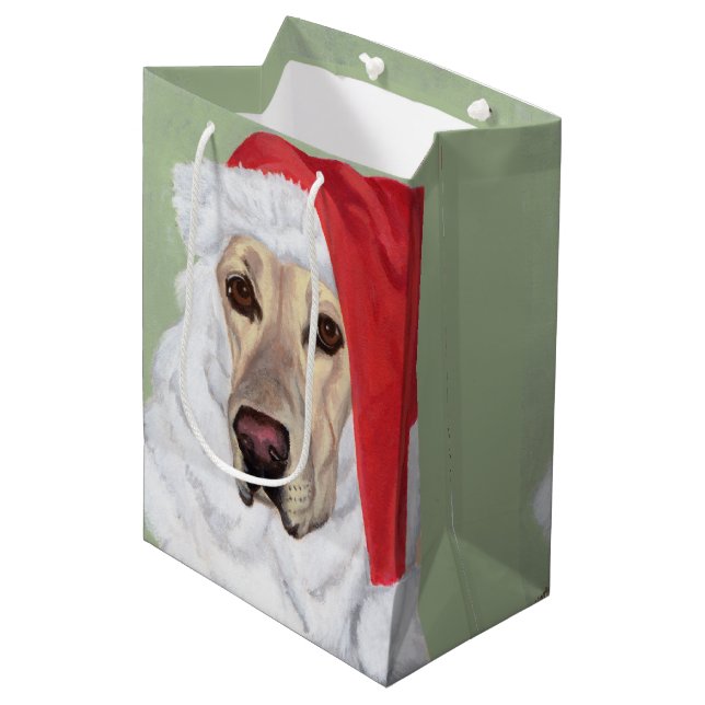 Santa Yellow Labrador Puppy Gift Bag Mittlere Geschenktüte (Vorderseite Schrägansicht)