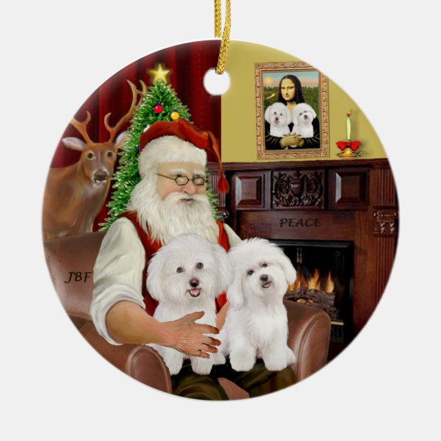 Santa - Zwei Bichon Frise Keramik Ornament (Vorne)