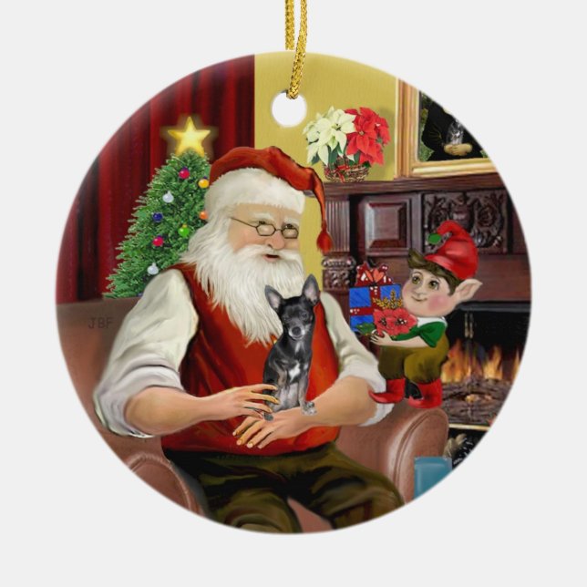 Santa's Blue and tan Chihuahua (T) Keramik Ornament (Vorne)