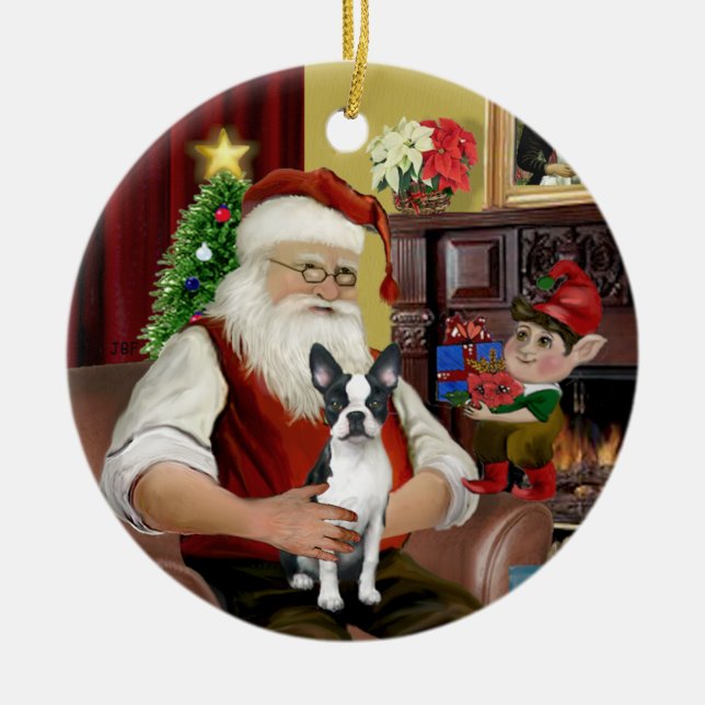 Santa's Boston Terrier #1 Keramikornament (Vorne)