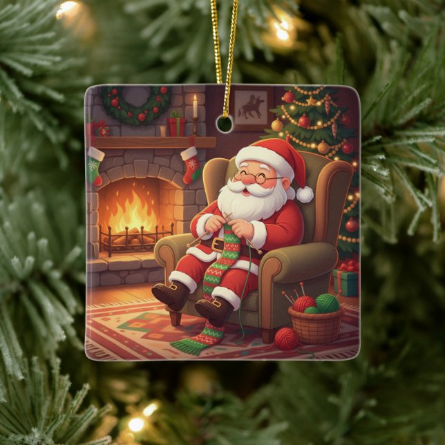 "Santa's Cozy Knitting Nook" Personalized Keramikornament (Baum)