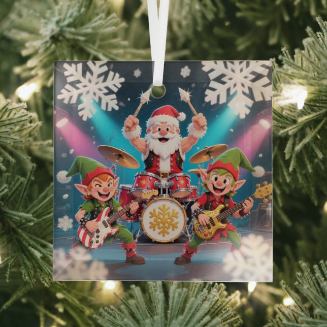 Santa's Drumming Rock Band Ornament Aus Glas (Insitu)