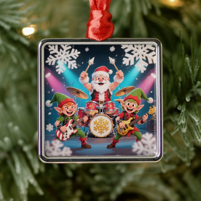 Santa's Drumming Rock Band Ornament Aus Metall (Baum)