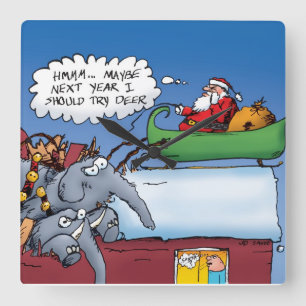Santas Elephants Funny Holiday Cartoon Quadratische Wanduhr