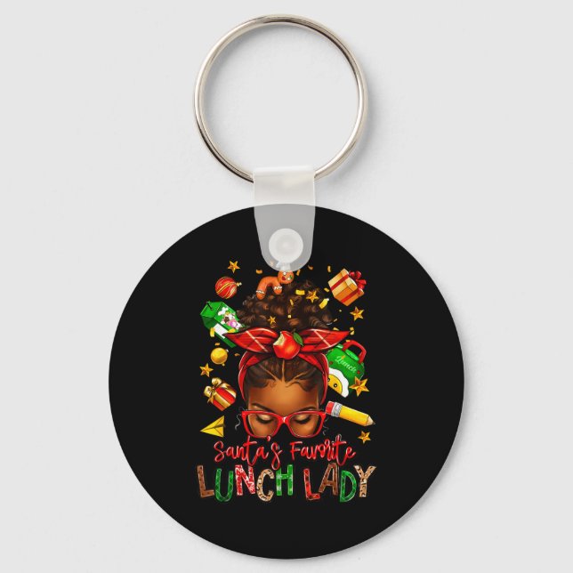 Santa's Favorite Lunch Lady Afro Messy Bun Woman C Schlüsselanhänger (Vorderseite)