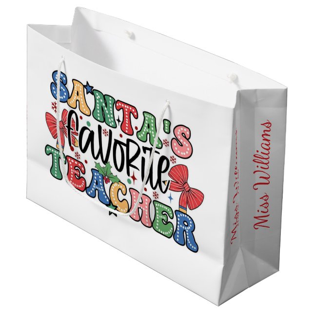 Santa's Favorite Teacher Christmas Gift Bag Große Geschenktüte (Vorderseite Schrägansicht)