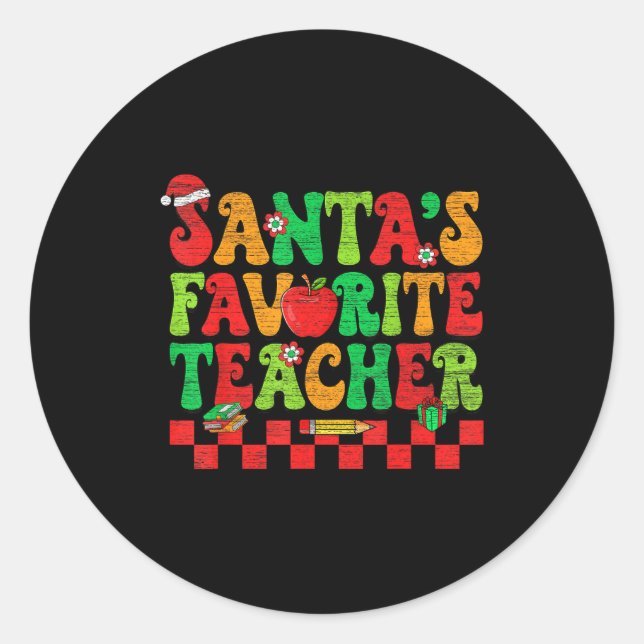 Santas Favorite Teacher Retro Groovy Christmas Xma Runder Aufkleber (Vorderseite)