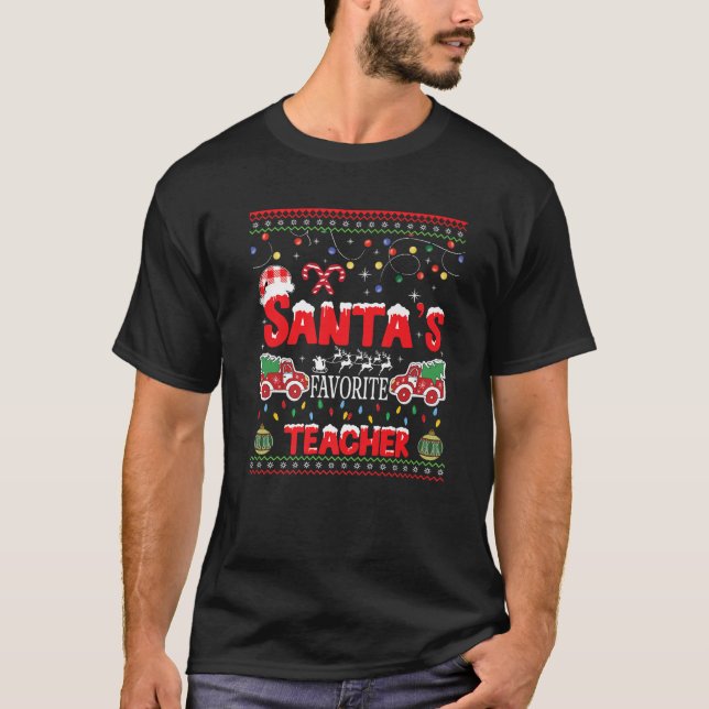 Santas Favorite Teacher Weihnachtsbeleuchtung Weih T-Shirt (Vorderseite)
