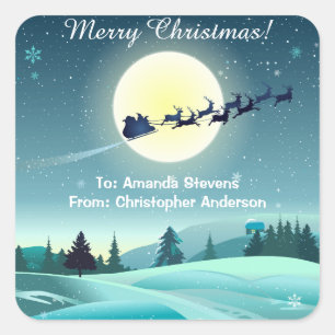 Santa's Flying Rentier Sleigh Quadratischer Aufkleber