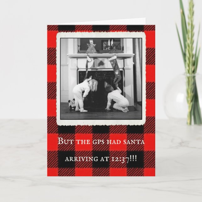 "Santa's GPS" Vintage Karierte Weihnachtskarte Dankeskarte (Vorderseite)