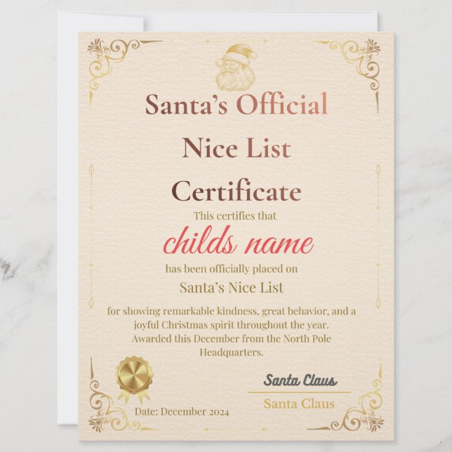 Santas Gute-Liste-Zertifikat   Briefbogen (Vorderseite)
