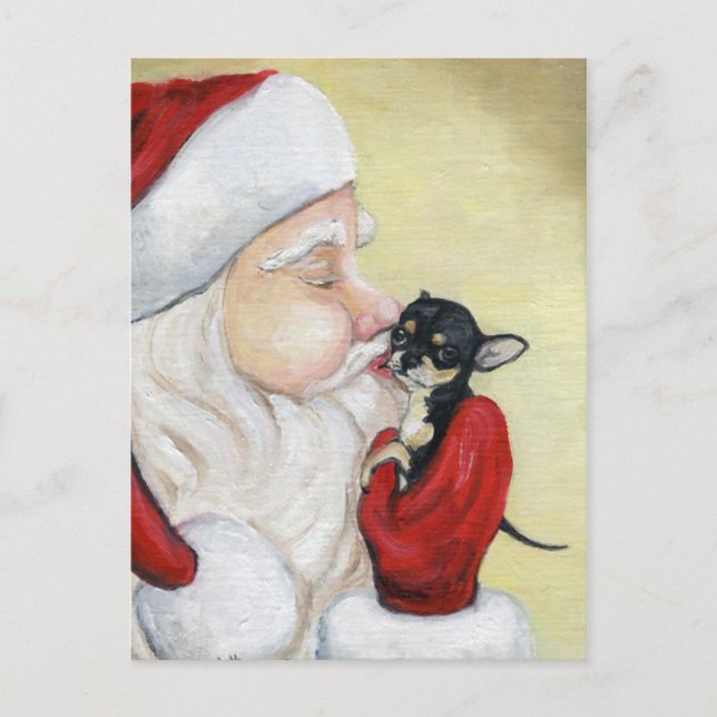 "Santa's Kiss for Chihuahua" Hunde Kunst Postkarte (Vorderseite)