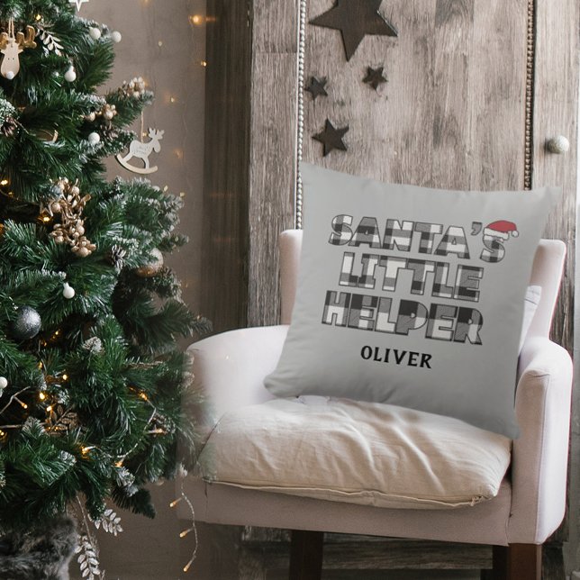 Santa's little helper Personalized  Kissen (santa's little helper Christmas personalized square pillow. black and white plaid check design)