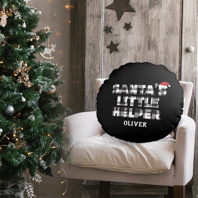 Santa's little helper Personalized  Rundes Kissen (personalized santa;s little helper pillow. black and white plaid check. )