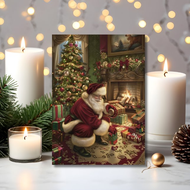 Santa's Magical Christmas Delivery  Karte (Santa delivers gifts by firelight in this nostalgic Christmas greeting card)