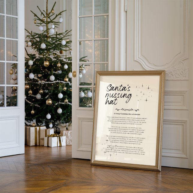 Santa's Missing Hat Funny Christmas Print Poster (Against the wall, there is a framed funny Christmas print titled “Santa's missing hat")