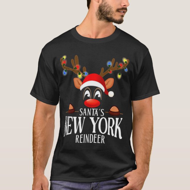 Santas New York Reindeer Funny Xmas Matching Pjs  T-Shirt (Vorderseite)