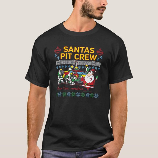 Santa's Pit Crew Race Car Ugly Weihnachten T-Shirt (Vorderseite)