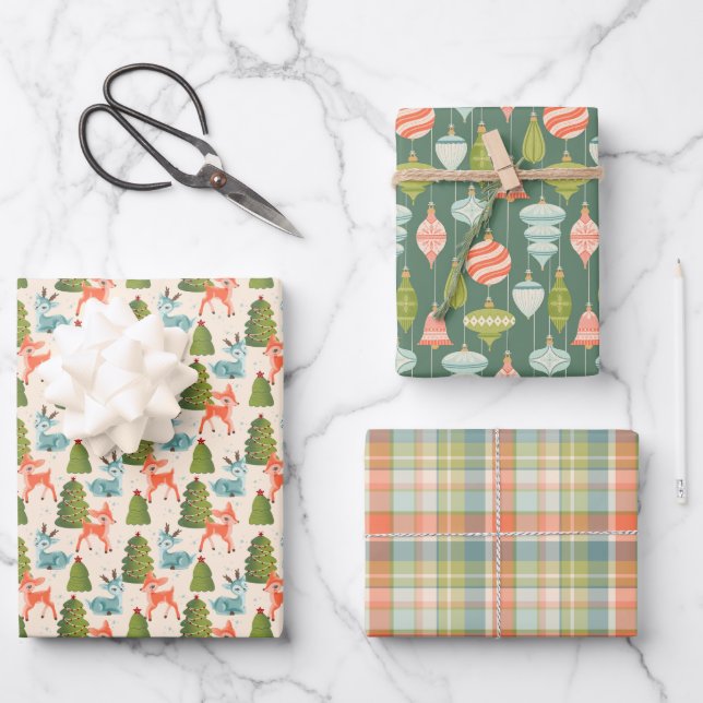 Santa's Reindeer, Retro Christmas Baubles, Plaid Geschenkpapier Set (Vorderseite)
