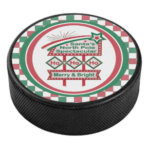 Santa's Retro Marquee - Ho Ho Ho Merry & Bright Eishockey Puck