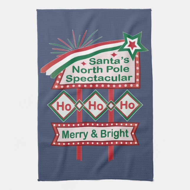 Santa's Retro Marquee - Ho Ho Ho Merry & Bright Geschirrtuch (Vertikal)