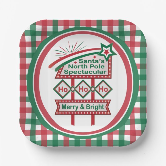 Santa's Retro Marquee - Ho Ho Ho Merry & Bright Pappteller (Vorderseite)