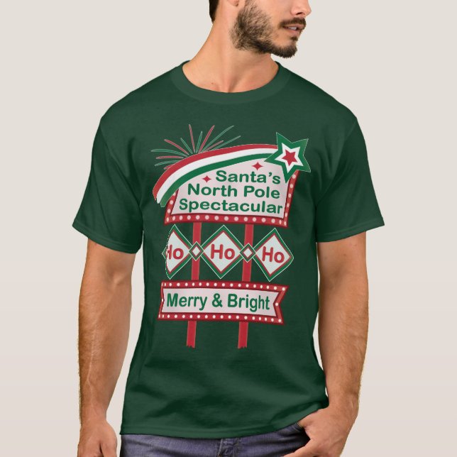 Santa's Retro Marquee - Ho Ho Ho Merry & Bright T-Shirt (Vorderseite)