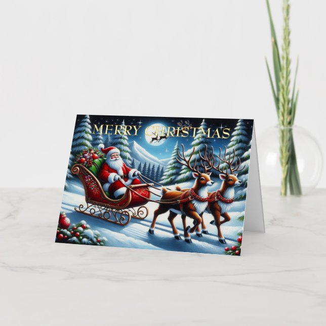 Santas Schlitten durch den schneebedeckten Wald zu (Vorderseite)