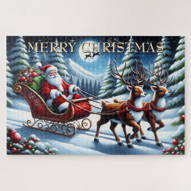 Santas Schlitten durch den schneebedeckten Wald zu Puzzle (Horizontal)