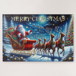 Santas Schlitten und Rentiere in der Weihnachtsnac Puzzle