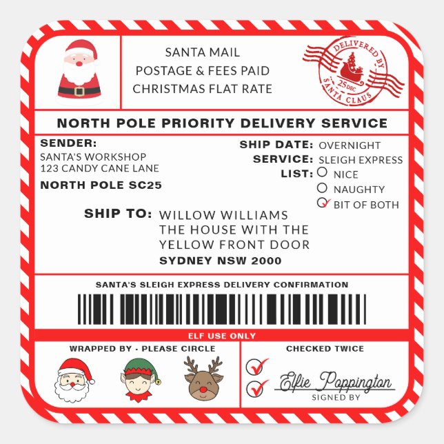 Santas Sleigh Christmas Shipping Label Sticker (Vorderseite)
