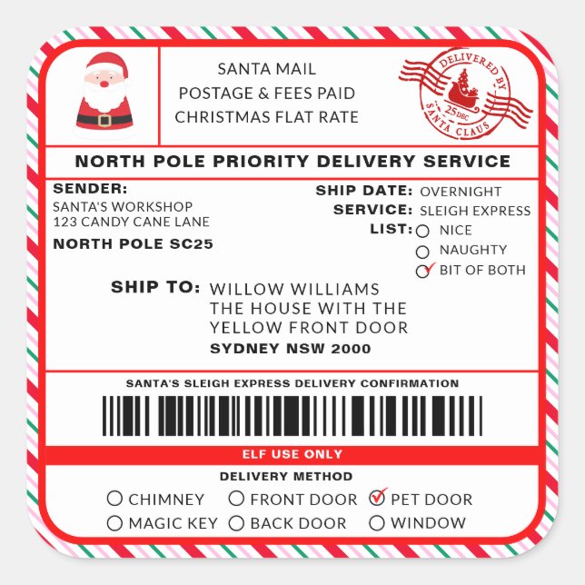 Santas Sleigh Christmas Shipping Label Sticker (Vorderseite)