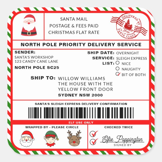 Santas Sleigh Christmas Shipping Label Sticker (Vorderseite)