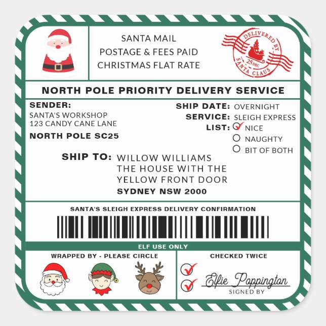 Santas Sleigh Christmas Shipping Label Sticker (Vorderseite)