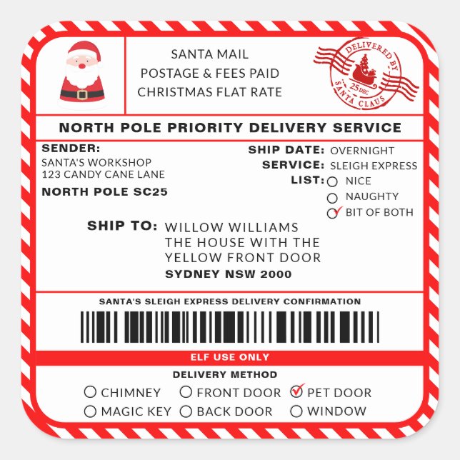 Santas Sleigh Christmas Shipping Label Sticker (Vorderseite)