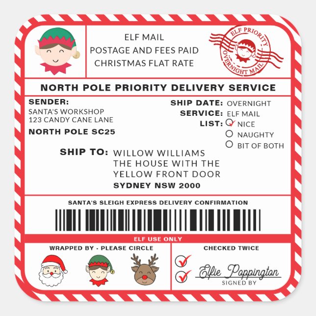 Santas Sleigh Christmas Shipping Label Sticker (Vorderseite)