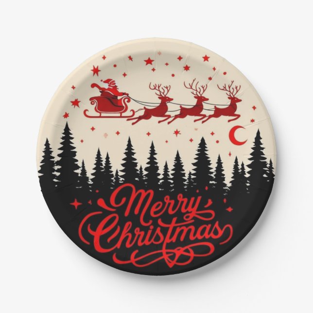 Santa's Sleigh Frohe Weihnachtswald Szene Art" Pappteller (Vorderseite)