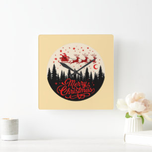Santa's Sleigh Frohe Weihnachtswaldszene Kunst Quadratische Wanduhr